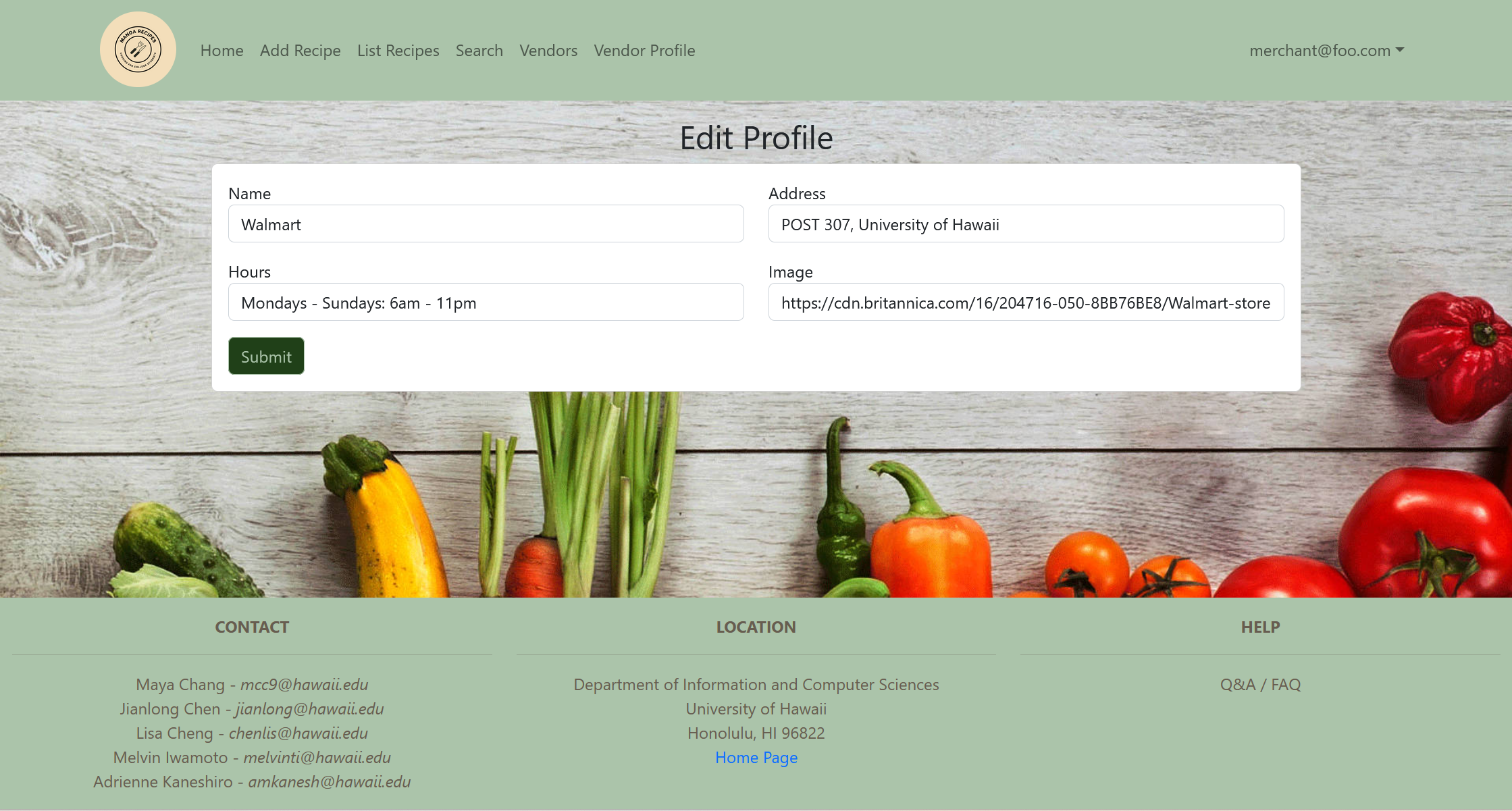 edit vendor profile page