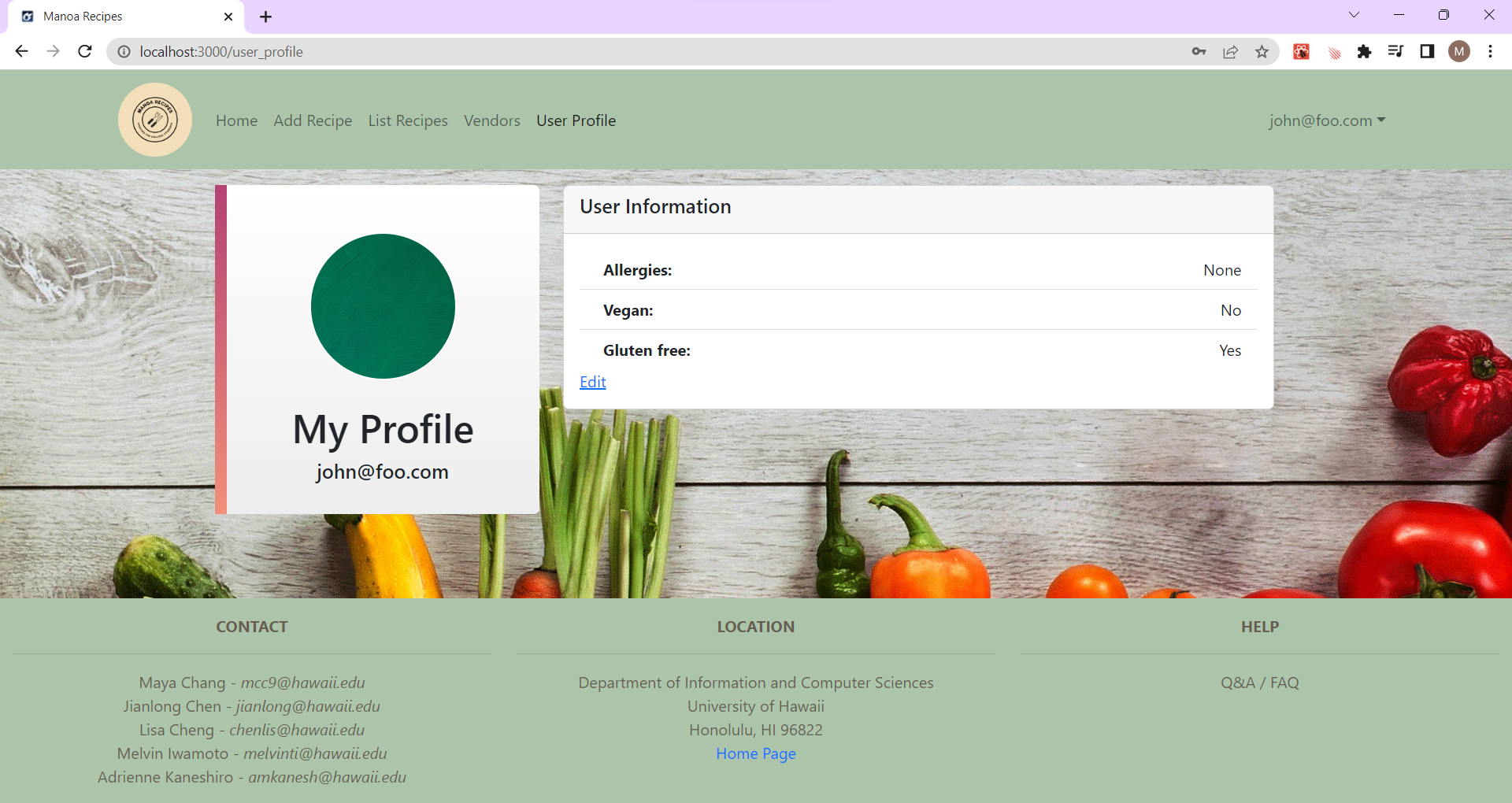 user profile page