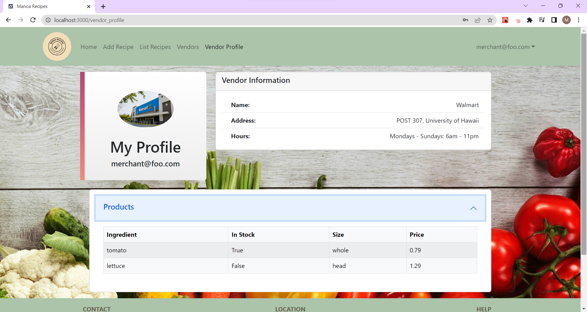 vendor profile page